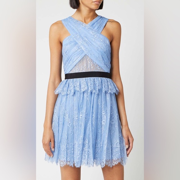Self Portait Blue Cross Front Fine Lace Mini Dress - Picture 1 of 11